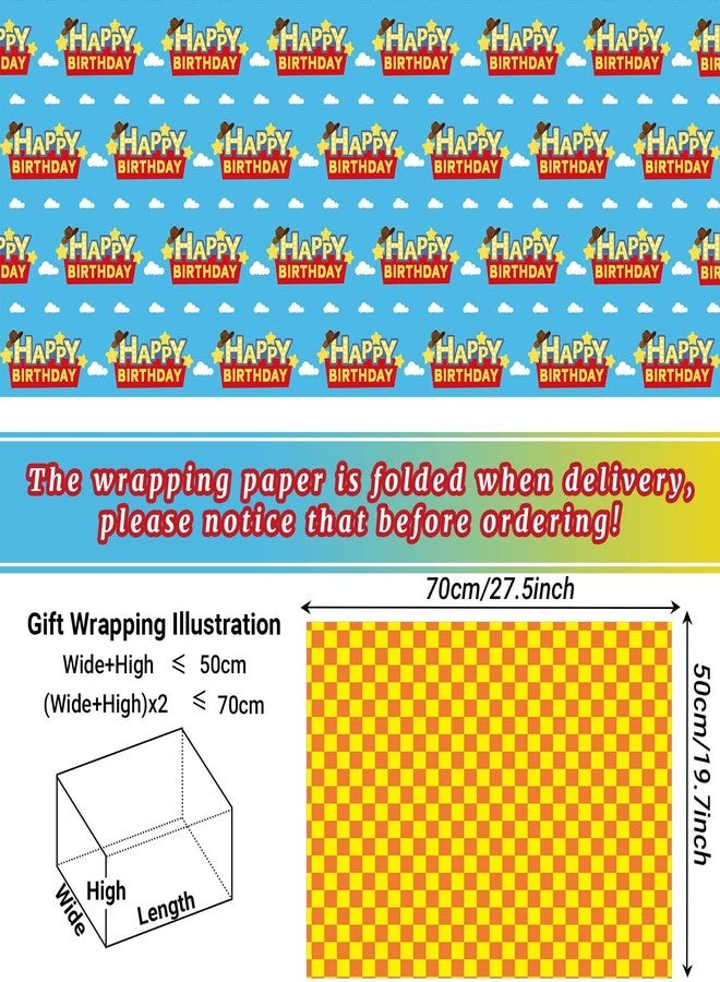 Bolsome 12Pcs Cartoon Story Gift Wrapping Paper, 19.7×27.6 inch, Cow Print Yellow Plaid Blue SKy Clouds Red Bandana Pattern Wrap Paper for Birthday Party Baby Showers Packaging Supplies - Image 2